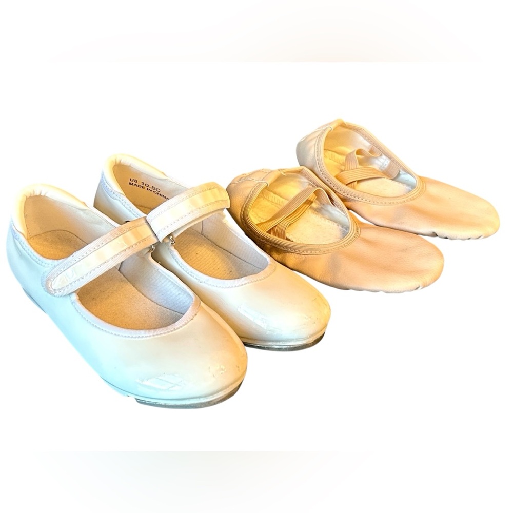 Stella Girl’s Tap Shoes White Strap & Ballet Shoes Tan BOTH Sz 10-1/2